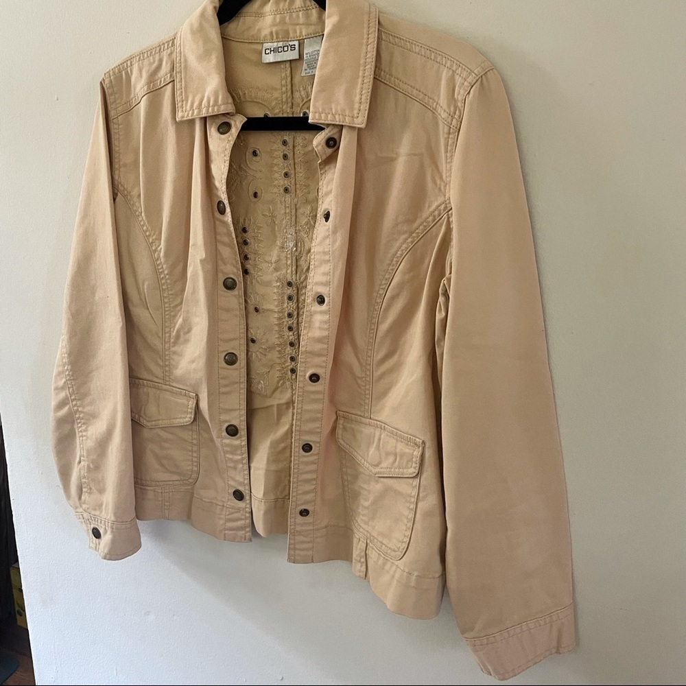 Chico’s Tan Denim Jacket with Embroidery - Picture 3 of 5